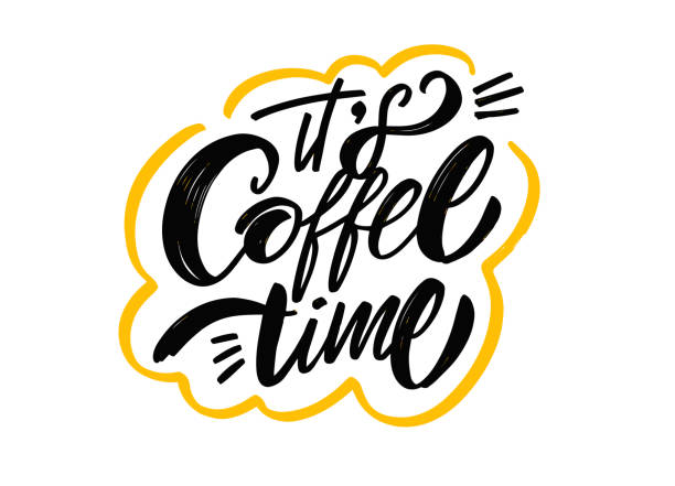 Quote It's coffee time. Hand drawn black color text and yellow frame. Modern calligraphy phrase. Quote It's coffee time. Hand drawn black color text and yellow frame. Modern calligraphy phrase. Design for banner, poster and t-shirt. fountain pen pattern writing instrument pen stock illustrations