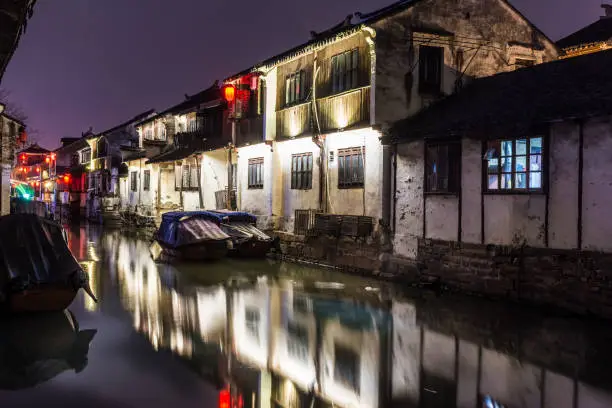 Beautiful canals of Zhouzhuang by night, China