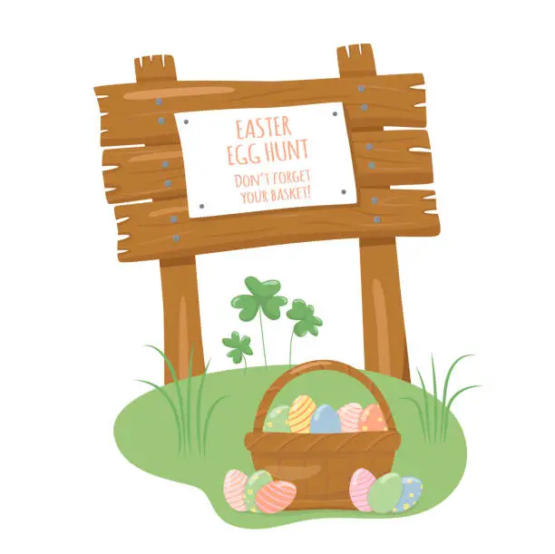 Vector illustration of Wooden sign board with texture in cartoon style - invitation for Easter egg hunt.