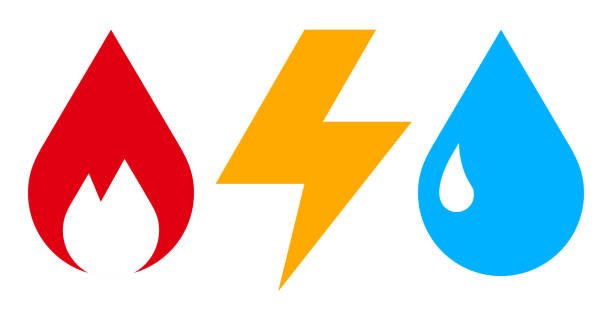 ilustraciones, imágenes clip art, dibujos animados e iconos de stock de icono de gas, electricidad y agua - producción de combustible y energía