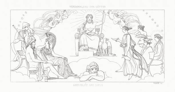ilustraciones, imágenes clip art, dibujos animados e iconos de stock de el concilio de los dioses (ilíada), grabado en acero, publicado en 1833 - mercury greek god men roman god