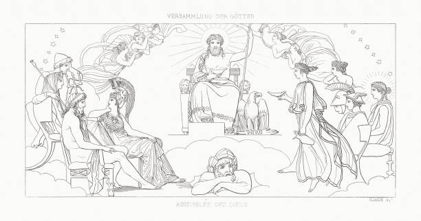 ilustrações, clipart, desenhos animados e ícones de o conselho dos deuses (ilíada), gravura de aço, publicado em 1833 - classical greek greece roman god god