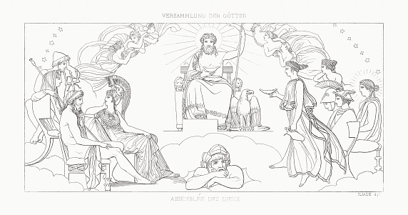 The Council of the Gods. Scene from the Iliad by Homer. Steel engraving after a drawing (1793) by John Flaxman (British sculptor and draughtsman, 1755 - 1826), engraved by Edouard Schuler (German engraver, 1806 - 1882), published in 1833.