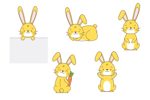 Set of sweet and cute yellow bunny rabbits isolated icon on white background in cartoon kawaii style. Vector clip art character children illustration.