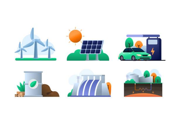 ilustraciones, imágenes clip art, dibujos animados e iconos de stock de conjunto de energía renovable - hydroelectric power
