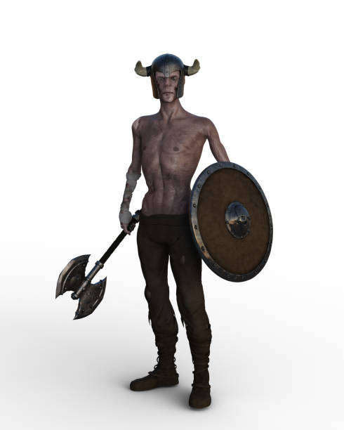 3D illustration of a zombie viking warrior standing with horned helmet holding a shield and axe isolated on a white background.
