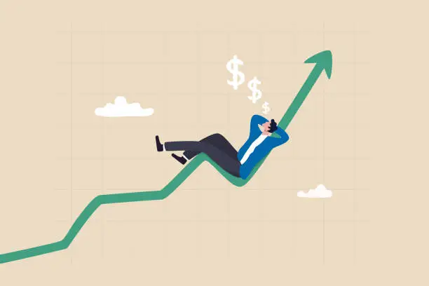 Vector illustration of Success investment earn more profit or easy growing return mutual fund, make money from cryptocurrency trading or dream about being rich concept, businessman investor relax and sleep on growing graph.