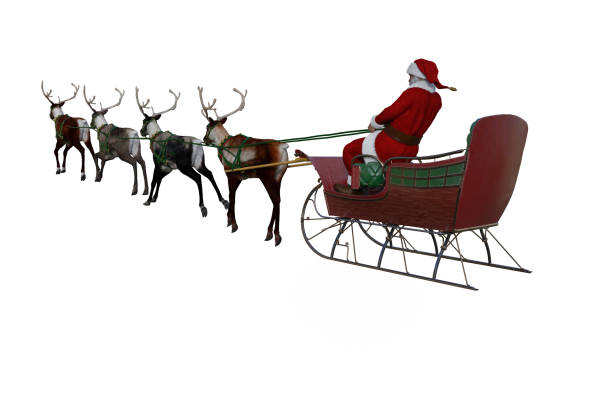 istock 3D rendering of Santa Claus flying in his sleigh pulled by reind 1369733634