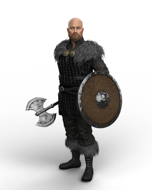 istock 3D rendering of a Viking warrior man standing with a double headed axe and a shield isolated on a white background. 1369733803