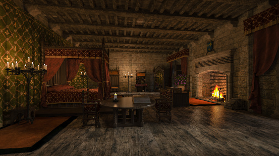 Medieval bedroom with four poster bed at night lit by candle light and an open fireplace. 3D illustration.