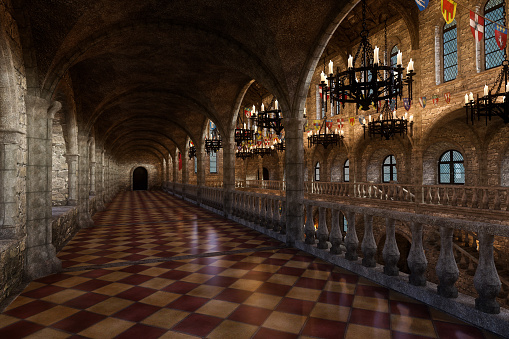 Long balcony with tiled floor overlooking the great hall in a medieval castle or palace. 3D illustration.