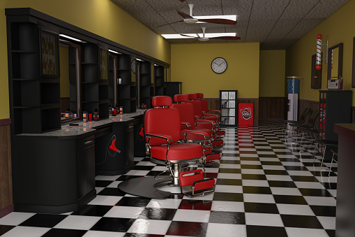Vintage barber shop interior with black and white checked floor. 3D illustration.