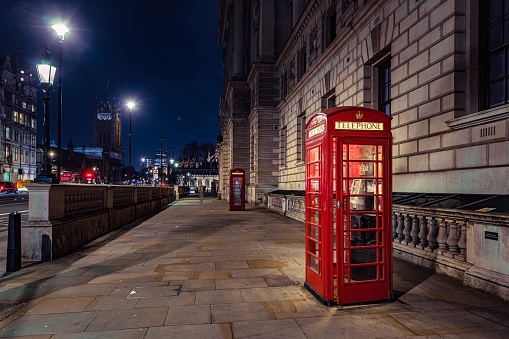 a lonely phone booth at the mid in the center of london