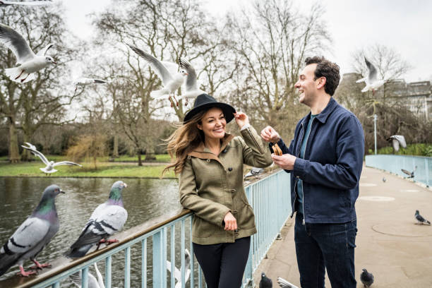 istock Birds approaching couple for food on bridge at public park 1369737788