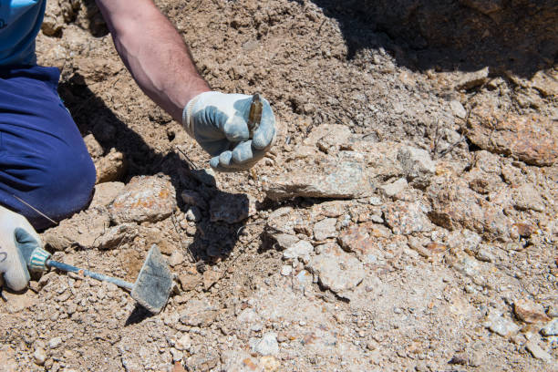 Outdoors in abandoned mine looking for minerals extracting citrine quartz sunny day in beautiful warm tones