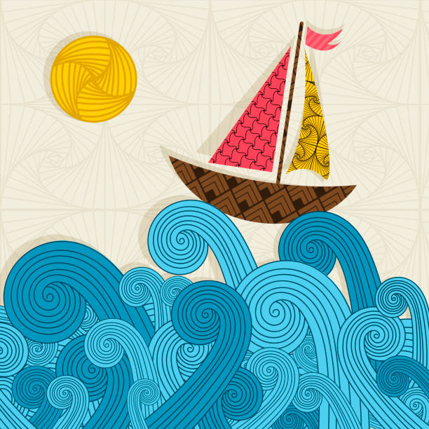 łódka na falach - sailboat stock illustrations