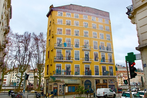 Mur des Canuts is the biggest fresco in Europe, created by artists of Lyon who realize such trompe-l'oeil all over the world. Croix-Rousse district.