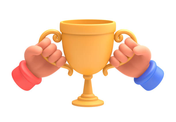 Hands holding golden trophy cup on white background stock photo