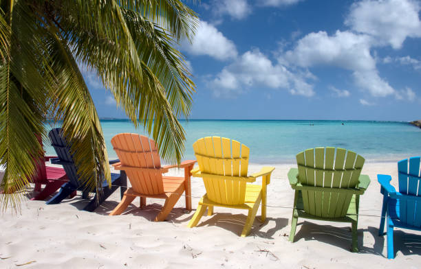 istock Colorful beach chairs on Aruba coast 1369741487