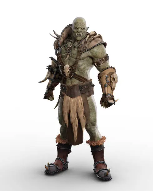 Savage mythical Orc brute standing with aggressive pose and expression in barbarian armour. 3D illustration isolated on white.