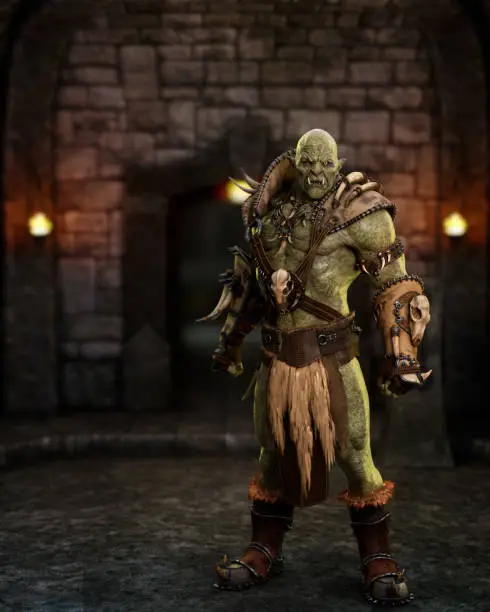 Photo of Full length portrait of an Orc fantasy creature standing in aggresive pose in a dark dungeon with torch flames on the wall in the background. 3D rendering.