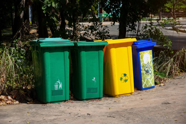 istock Recycling bin in park for protect environment, Colour of trash contains different type of garbage.Make it easy for waste control. Recycling way save the world for non polluting, environmentally 1369741946