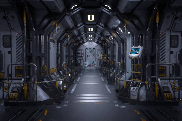 istock Futuristic space station or spaceship interior corridor. Science fiction concept 3D rendering. 1369742546