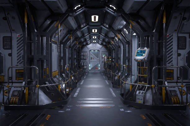 Futuristic space station or spaceship interior corridor. Science fiction concept 3D rendering. stock photo