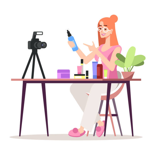 Testing new cosmetics for audience semi flat RGB color vector illustration Testing new cosmetics for audience semi flat RGB color vector illustration. Female beauty influencer isolated cartoon character on white background clip art of a teen webcam stock illustrations