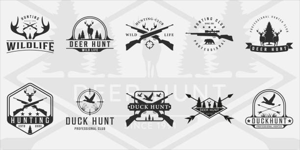 set of hunting symbol vintage vector illustration template icon graphic design.bundle collection of various deer bear and duck hunt sign or symbol for hunter with retro badge and typography