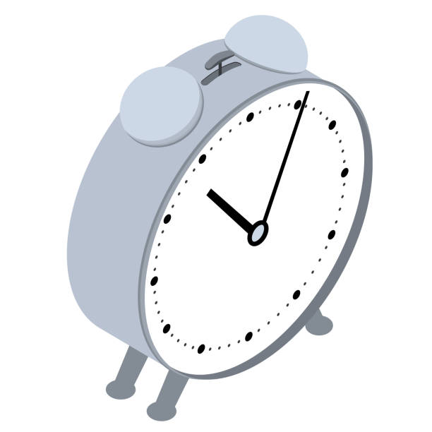 흰색에 고립 된 만화 스타일의 다리에 동급 기계 경보 시계. 상단에 망치와 종. - white background color image alarm clock deadline stock illustrations