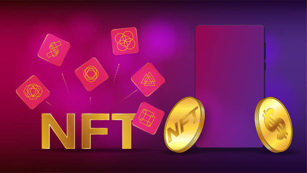 istock Concept of earning US dollars on NFT non fungible token using mobile phone. Flying tokens and phone with copy space. Colorful template for header or banner. Vector illustration. 1369743111