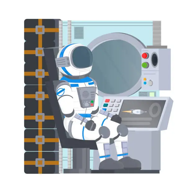 Vector illustration of Astronaut is piloting a spaceship. Cosmonaut at the spacecraft control panel