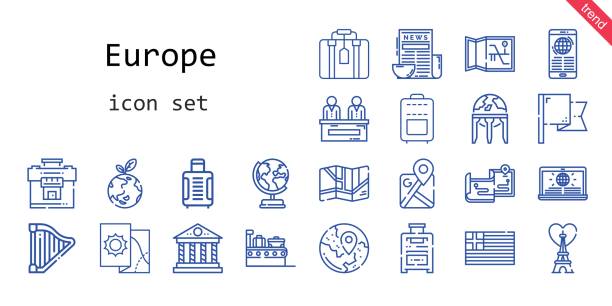 europe icon set. line icon style. europe related icons such as news, eiffel tower, flag, suitcase, maps, earth globe, harp, google maps, planet earth, greece, parthenon, travel, map - google 幅插畫檔、美工圖案、卡通及圖標