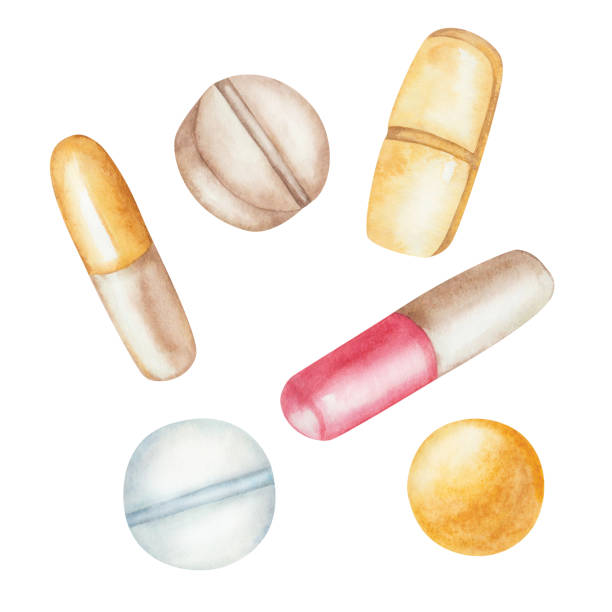 акварельная иллюстрация раскрашенных вручную красных, желтых, синих таблеток, капсул, витаминов и добавок. изолированные на белом клипарте - anti aging pill capsule vitamin pill stock illustrations