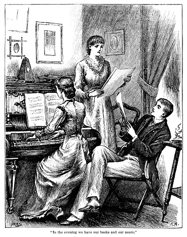 A man and two women entertaining themselves during the evening: one young woman is playing the piano, accompanying the other young woman and the young man as they sing. From “The Quiver - An Illustrated Magazine for Sunday and General Reading” published by Cassell, Petter, Galpin & Co, in London, Paris and New York, in 1880.