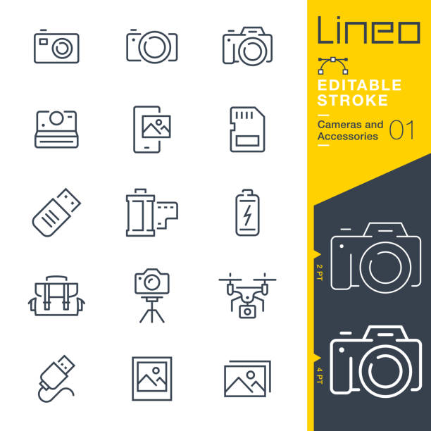 lineo editable stroke - liniensymbole für kameras und zubehör - fotografische themen stock-grafiken, -clipart, -cartoons und -symbole