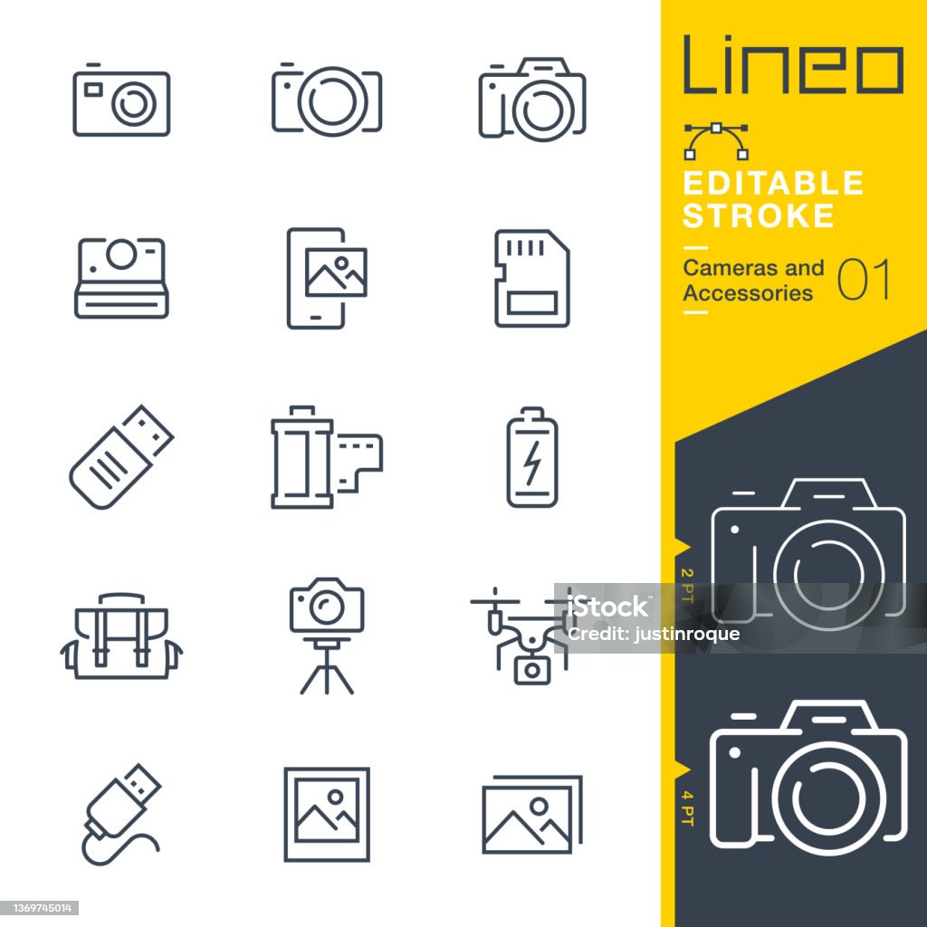 Lineo Editable Stroke - Iconos de línea de cámaras y accesorios - arte vectorial de Ícono libre de derechos