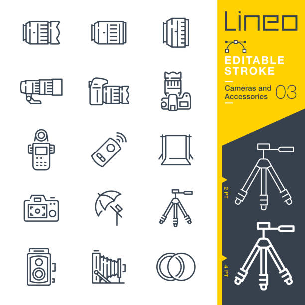 Lineo Editable Stroke - Cameras and Accessories line icons Vector Icons - Adjust stroke weight - Expand to any size - Change to any colour telephoto lens stock illustrations