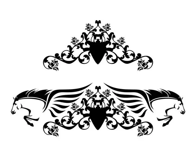 Vector illustration of winged pegasus horses with heraldic rose flowers decor black and white vector design set