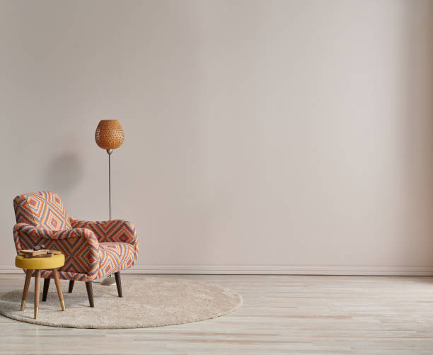 istock Modern armchair in the light wall concept with lamp and carpet design. 1369746397