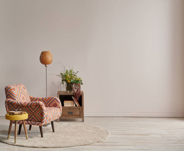 istock Modern armchair in the light wall concept with lamp and carpet design. 1369746478