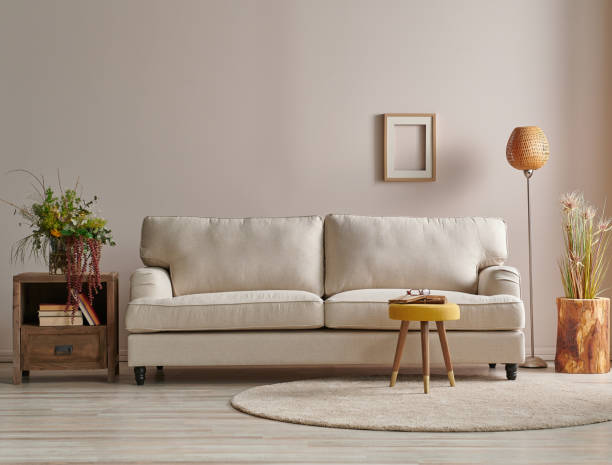 istock Modern armchair in the light wall concept with lamp and carpet design. 1369746479