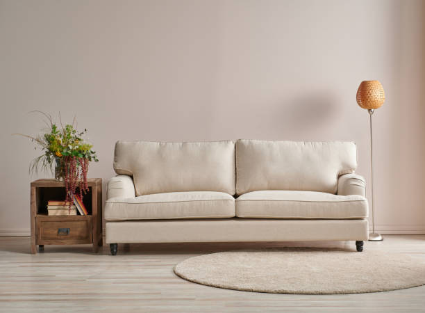 istock Modern armchair in the light wall concept with lamp and carpet design. 1369746480