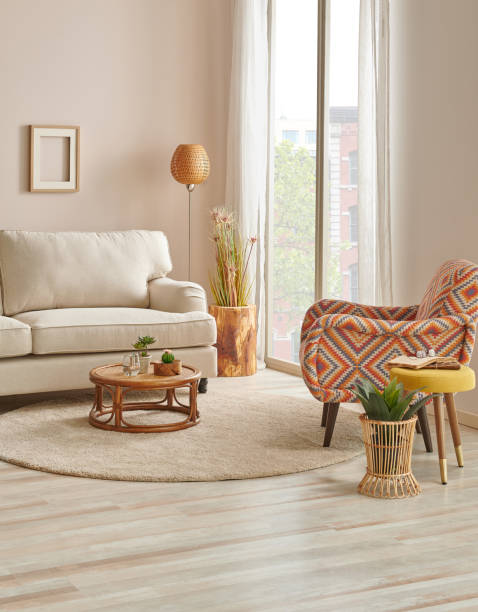 istock Modern armchair in the light wall concept with lamp and carpet design. 1369746536