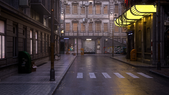 An empty downtown city street with a dark moody noir style atmosphere. 3D illustration.