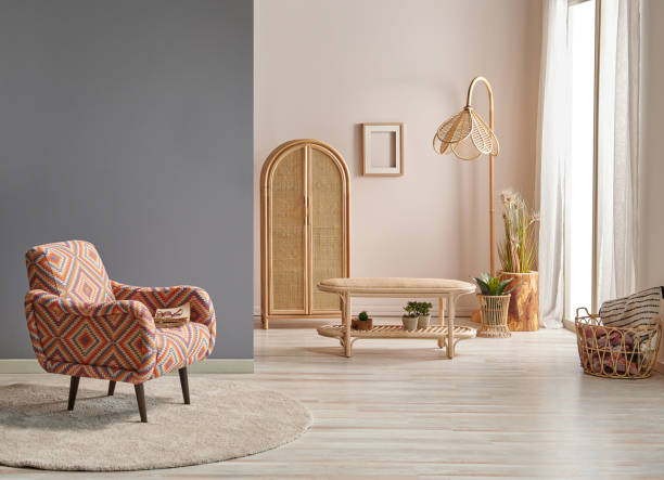 istock Modern armchair in the light wall concept with lamp and carpet design. 1369747498