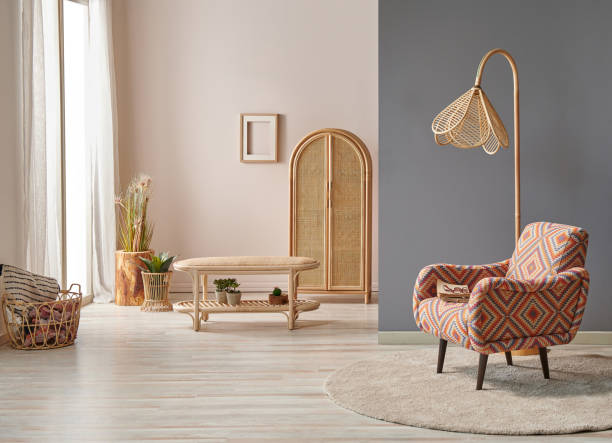 istock Modern armchair in the light wall concept with lamp and carpet design. 1369747507