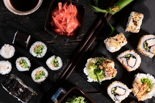 Sushi set at japanese restaurant. Top view with copy space