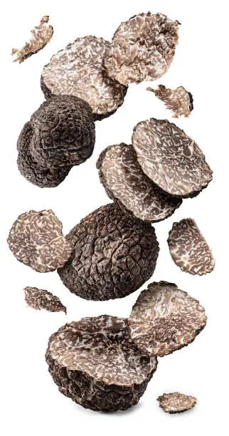 Photo of Slices and chops of black winter truffle levitating on white background. The most famous of the trufflez.